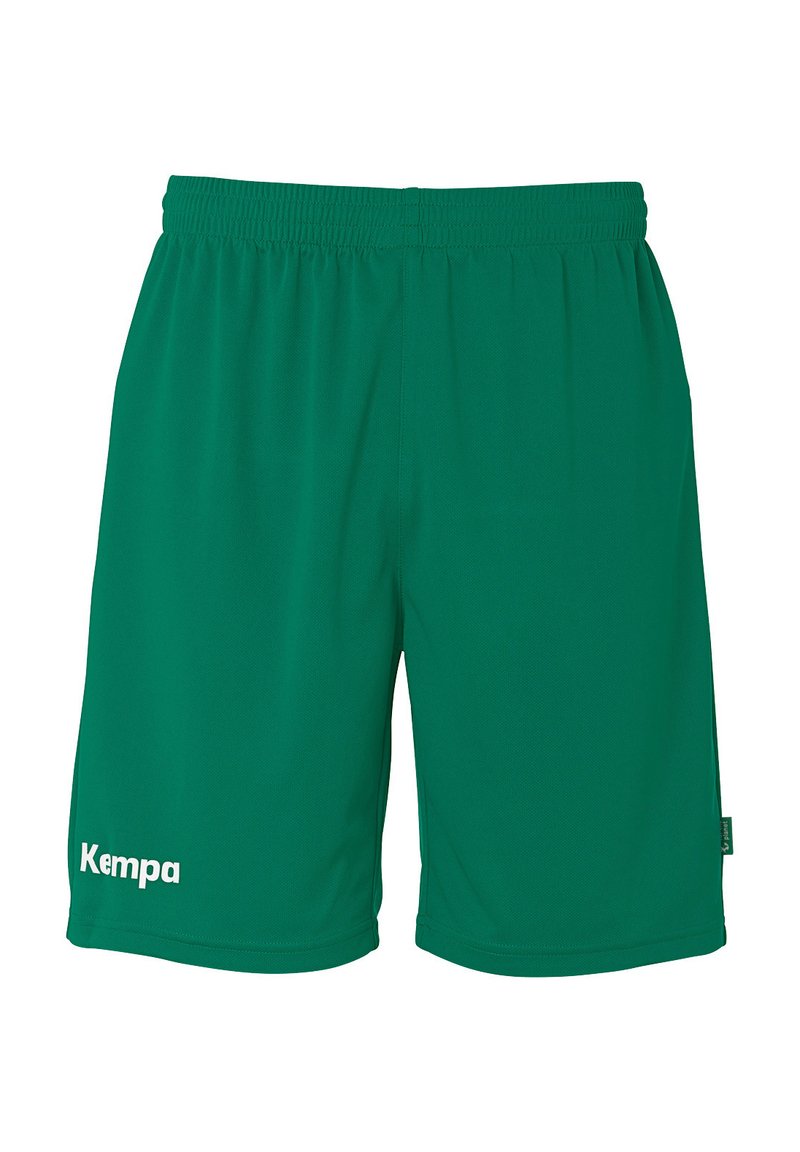Shorts de sport verts en tissu respirant, dotés d'une taille élastique et d'un logo 'Kempa' blanc sur la jambe gauche.