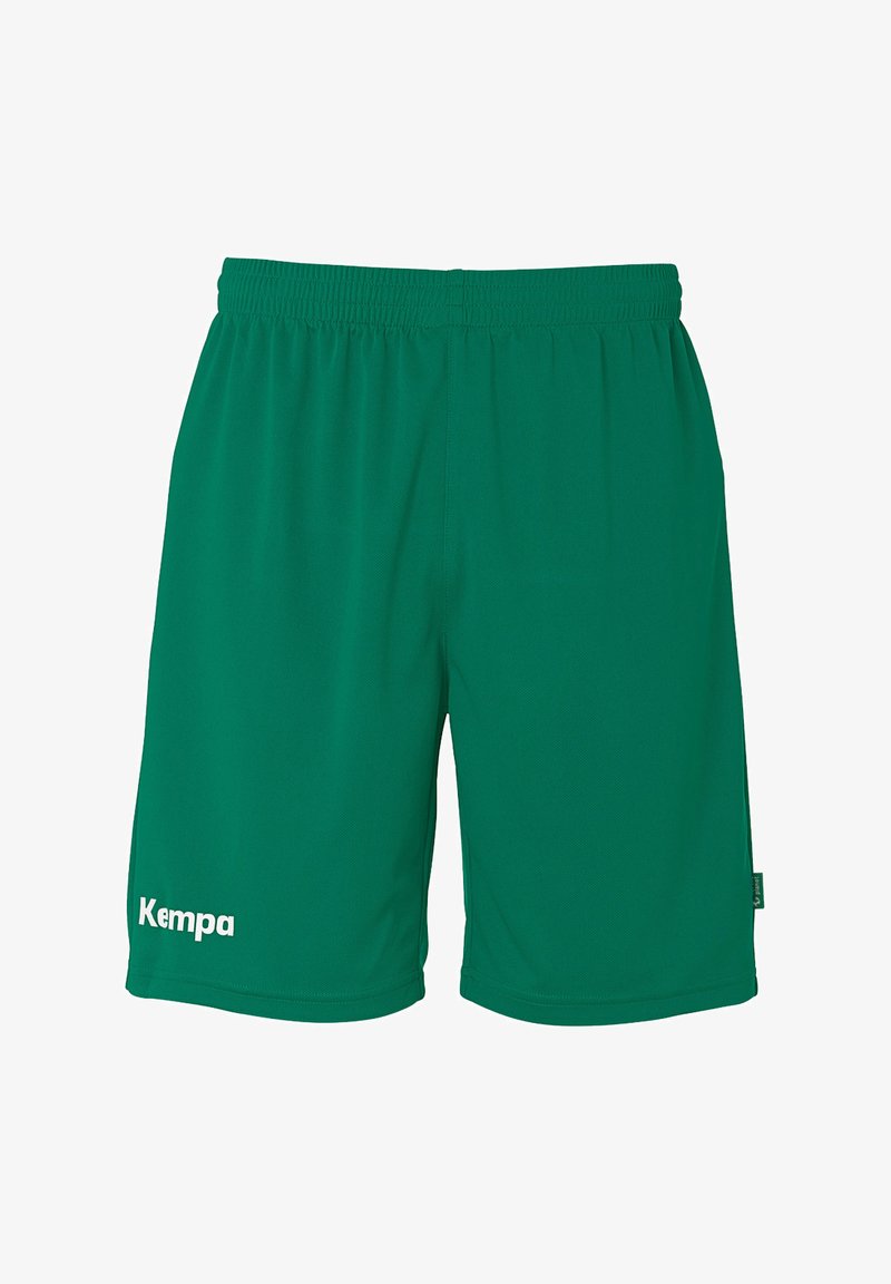 Shorts de sport verts en tissu respirant, dotés d'une taille élastique et d'un logo 'Kempa' blanc sur la jambe gauche.