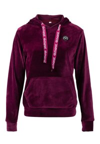 Samettinen violetti huppari, jossa on kengurupocketti, kontrastiväriset narut logolla ja pyöreä logopatchi rinnassa.