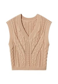 Beige gestrickte Weste mit V-Ausschnitt und ärmellosem Design. Verfügt über strukturierte Zopfmuster und einen gerippten Saum für zusätzliche Stabilität.