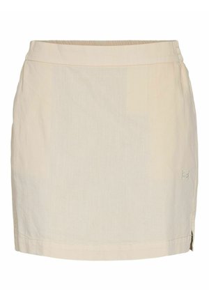 Beige knielange rok met elastische tailleband, rechte snit, kleine zijschuif en subtiel gestikt logo aan de onderkant rechterzijde.