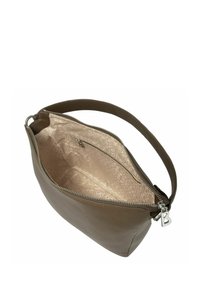 Borsa a mano in pelle marrone con superficie texture, chiusura con zip e un interno dotato di una fodera leggermente decorata e una piccola tasca con zip.