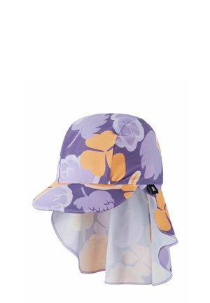 Kapelusz przeciwsłoneczny z fioletowym i pomarańczowym kwiatowym wzorem, przednim rondem oraz materiałowym ochraniaczem na szyję chroniącym przed słońcem.