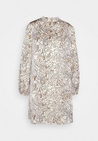 Robe à manches longues en tissu crème clair avec un motif abstrait noir et or, col haut et manches froncées pour plus de volume.