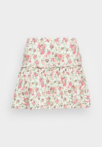 Blommig minikjol i lätt tyg med vit bas och rosa och bruna blommor, volangkant och elastisk midja för komfort.