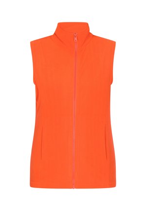 Orange ärmellose Weste aus weichem Stoff, mit hohem Kragen und einem Reißverschluss vorne, sowie seitlichen Taschen.