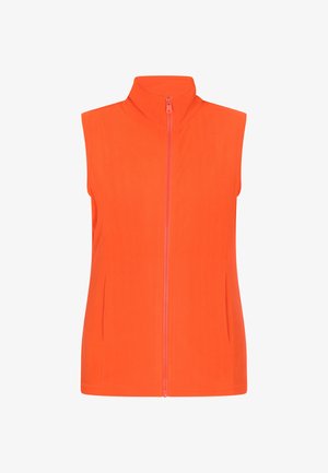 Orange ärmellose Weste aus weichem Stoff, mit hohem Kragen und einem Reißverschluss vorne, sowie seitlichen Taschen.