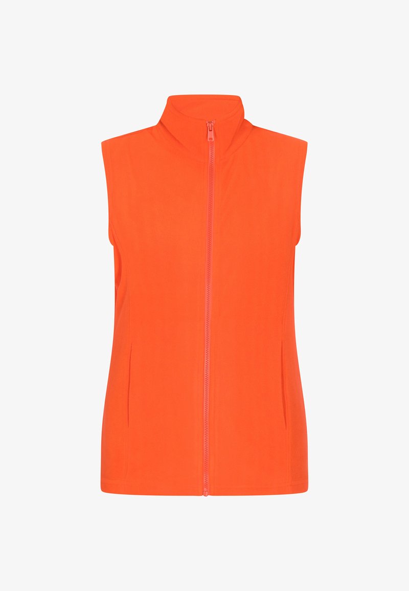 Orange ärmellose Weste aus weichem Stoff, mit hohem Kragen und einem Reißverschluss vorne, sowie seitlichen Taschen.