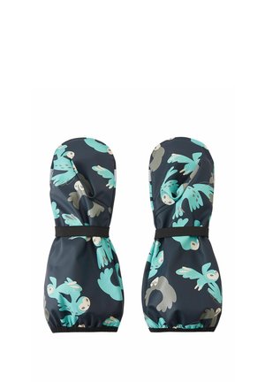 Pair of children’s waterproof mittens in dark blue with teal and grey bird patterns and black elastic wrist straps.