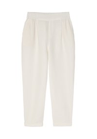 Off-white, loose-fitting trousers made of lightweight fabric. Features an elastic waistband and rolled cuffs. Smooth texture with no visible patterns.