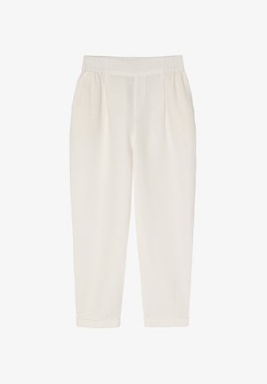 Pantalones holgados de color blanco roto, fabricados con un tejido ligero. Presentan una cinturilla elástica y puños enrollados. Textura suave sin patrones visibles.