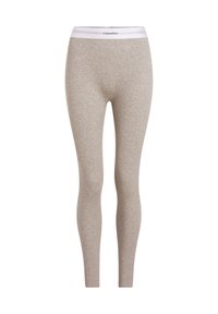 Pelēkas kokvilnas legingi ar baltu elastīgu jostu, kurā ir "Calvin Klein" zīmols. Šaurā, pieguļošā forma, visā virsmā mīksta tekstūra.