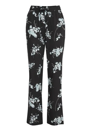 Balsvos juodos kelnės su šviesiai mėlynos ir baltos spalvos gėlių raštu. Sukurtos su elastinga juosmens dalimi ir laisvu siluetu.