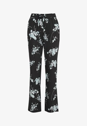 Folyékony fekete nadrág, világoskék és fehér virágmintával. Elasztikus derékrésszel és laza szabással készült.