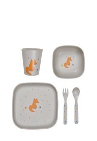 Children's dinnerware set made of BPA-free plastic includes a cup, plate, bowl, fork, and spoon; features orange fox design and colorful accents.