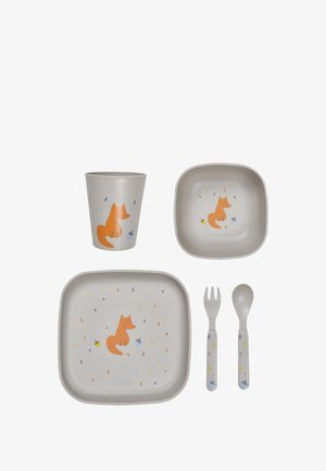 Children's dinnerware set made of BPA-free plastic includes a cup, plate, bowl, fork, and spoon; features orange fox design and colorful accents.
