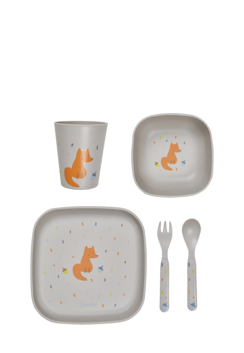 Children's dinnerware set made of BPA-free plastic includes a cup, plate, bowl, fork, and spoon; features orange fox design and colorful accents.