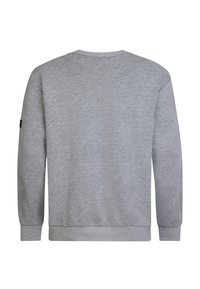 Grijze sweatshirt met een gestructureerd ruitpatroon, ribbelboord bij de kraag en manchetten. Heeft een zachte, casual uitstraling die geschikt is voor lagen.