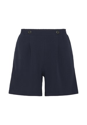 Shorts bleu marine avec ceinture élastique, deux boutons noirs à l'avant et ourlet droit.