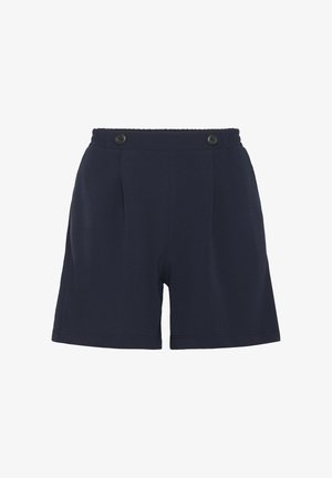 Tmavě modré šortky s elastickým pasem, dvěma černými knoflíky vpředu a rovně střiženým lemem.