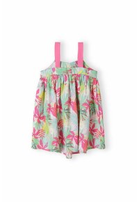 Robe sans manches colorée présentant un motif floral tropical en rose, vert et jaune. Conçue avec une jupe froncée et des bretelles roses.