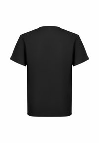 Černé krátké tričko s krátkým rukávem vyrobené z bavlny. Má kulatý výstřih a hladkou texturu. Na zádech nejsou žádné vzory ani viditelné detaily.