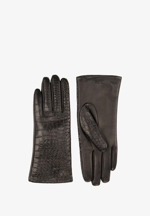 Zwarte leren handschoenen met een kroko-geëmbossereerde textuur op de palm en een gladde afwerking aan de achterkant, met vier vingers en een strakke pasvorm.