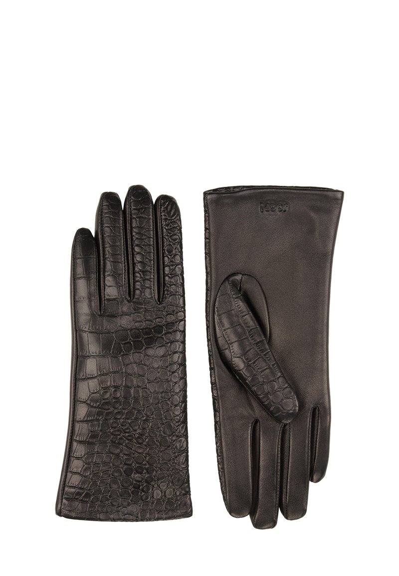 Schwarze Lederhandschuhe mit krokogeprägter Textur auf der Handfläche und glatter Oberfläche auf der Rückseite, mit vier Fingern und enger Passform.