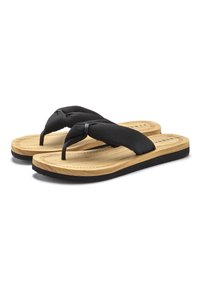 Črne flip-flop sandale z tkanim trakom, kontrastnim svetlejšim lesenim podplatom in črnim gumijastim podplatom. Brez vidne blagovne znamke.