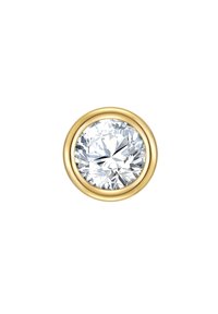 Okrugli prozirni kristal postavljen u zlatnom okruglom okviru. Glatka površina bez vidljivih uzoraka ili naglasaka. Lagan dizajn.