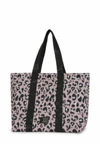 Tote bag met luipaardprint in roze en zwart, met zwarte handvatten met reliëfontwerp. Gemaakt van duurzaam materiaal, met een ruime indeling.