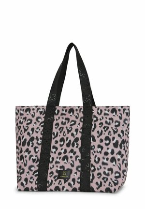 Leopard print tote bag in pink and black, featuring black handles with embossed design. Made of durable material, spacious design.