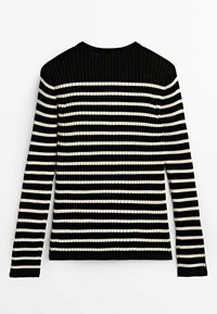 Pull en maille côtelée à manches longues rayé horizontalement noir et blanc, avec un col rond, présenté à plat de dos.