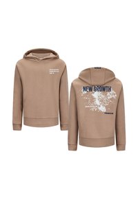 Bruine hoodie met grafische prints op de voor- en achterkant. Bevat een zachte stof, een relaxte pasvorm, een kangoeroezak en geribbelde manchetten.