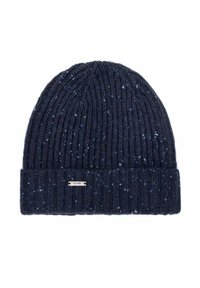 Granatowa czapka z dzianiny o prążkowanej fakturze z wzorem w drobne kropeczki i podwiniętym mankietem, z małą prostokątną metalową metką marki.