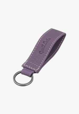 Purple leather keyring loop with white stitching and a metal ring, embossed with "Gusti Leder" branding on the leather strap.