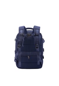 Navy blue backpack with padded adjustable straps, mesh paneling, front zip pocket, and external buckles for added support.
