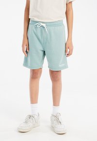 Lichtblauwe katoenen shorts met een elastische tailleband en een witte trekkoord. Knielang ontwerp, met logo-opdruk op het been.
