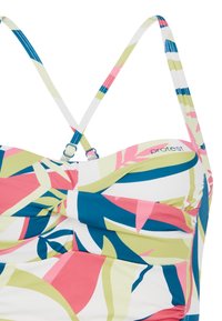 Dvojfarebný bikiny top s ružovými, modrými a zelenými listovými vzormi, nastaviteľnými ramienkami a tým, že je na strede nariasený. Viditeľné logo značky.