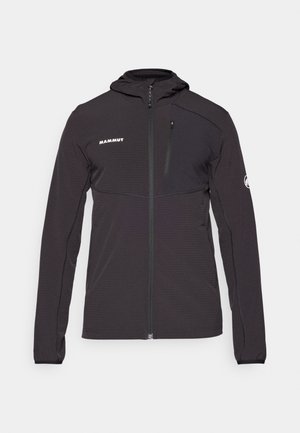 Czarna, lekka kurtka z kapturem, z zamkiem błyskawicznym z przodu i teksturowaną powierzchnią. Posiada kieszeń na piersi oraz białe logo po lewej stronie.