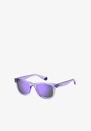 Purple plastic sunglasses with square frames and gradient lenses, featuring a clear frame and Polaroid branding on the temple.