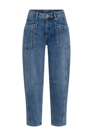 Blue denim jeans with a relaxed fit, multiple front pockets, and a straight leg design. Features a waistband with belt loops and stitched detailing.