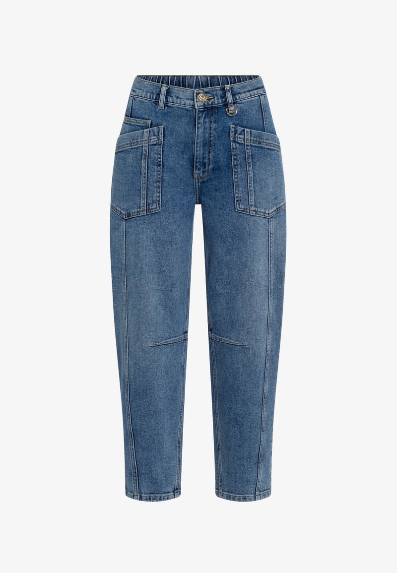 Blue denim jeans with a relaxed fit, multiple front pockets, and a straight leg design. Features a waistband with belt loops and stitched detailing.