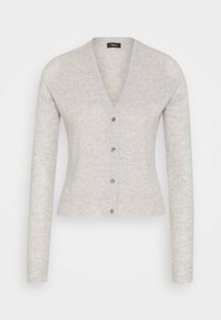 Hellgrauer Cardigan aus weichem, strukturiertem Stoff. Mit V-Ausschnitt, langen Ärmeln und einer Verschlussleiste mit fünf Knöpfen vorne. Rippbündchen an Saum und Ärmeln.