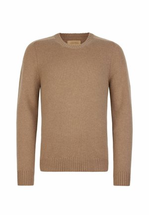 Brauner, gestrickter Pullover mit ribbeltem Ausschnitt und Bündchen, glatter Textur und klassischer Rundhalsausschnittgestaltung.