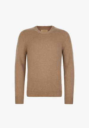 Brauner, gestrickter Pullover mit ribbeltem Ausschnitt und Bündchen, glatter Textur und klassischer Rundhalsausschnittgestaltung.