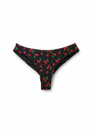Schwarze Bikini-Unterteile mit einem Kirschmuster und grünen Blättern, hergestellt aus einem glatten, dehnbaren Material; Low-Rise-Design mit minimaler Abdeckung.