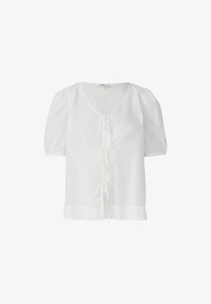 Weißes Kurzarmblusenshirt aus leichtem Stoff, mit V-Ausschnitt, Puffärmeln und einem Kordelzugdetail an der Vorderseite.