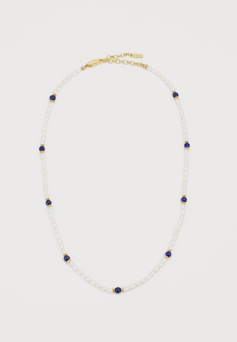 Pearl necklace with alternating blue beads, gold accents, and a lobster clasp. Features a delicate, smooth texture and curved shape.