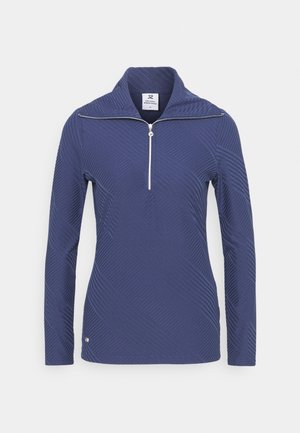 Marineblauer Pullover mit langen Ärmeln, diagonalen strukturierten Streifen, halbhohem Reißverschluss vorne und hohem Kragen.